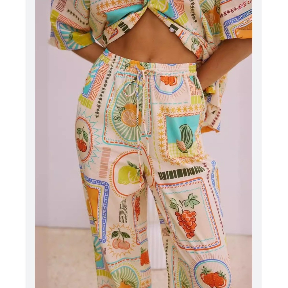 Cali 1850 Fruit Stamp Print Linen Blend Wide Leg Pants Tropical Multi Color Sz M - Picture 2 of 8